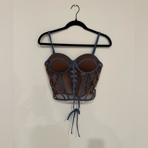 JLUXLABEL Denim Blue and Brown Lace-Up Top